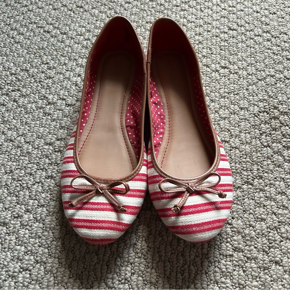 Red & Cream Striped Flats with Bow Accent